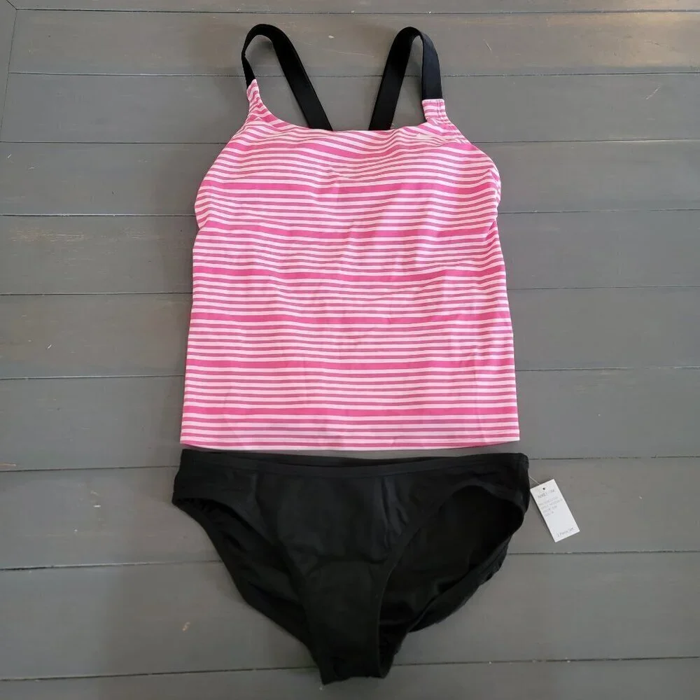 NWT Nike Women's Pinksicle Stripe V-Back 2 Piece Tankini Swimsuit Size Medium